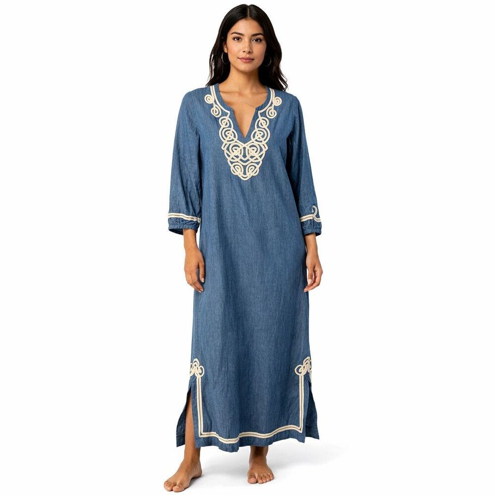J. McLaughlin Blue Maxi Dress with Cream Embroidery